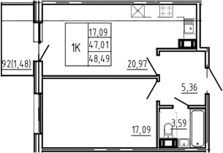 1-комнатная квартира 48.49 м², 5/5 эт., Комплекс апартаментов «Bereg. Курортный»